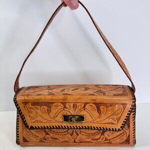 Vintage 1940s Tooled Leather Purse Light Brown Trapezoid Floral Design